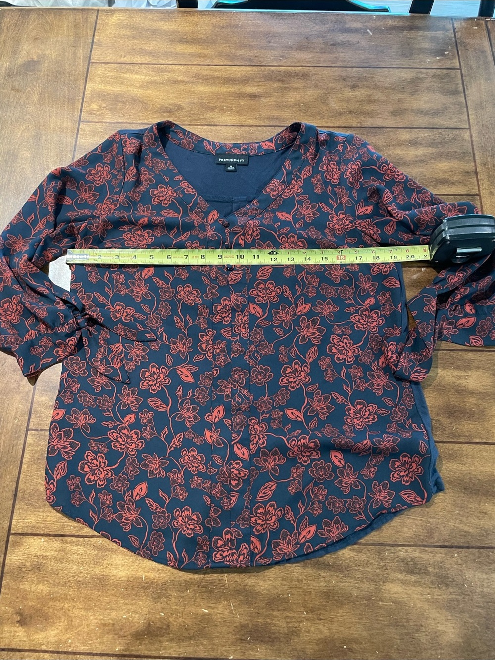 Navy V-Neck blouse with Red Floral Print
